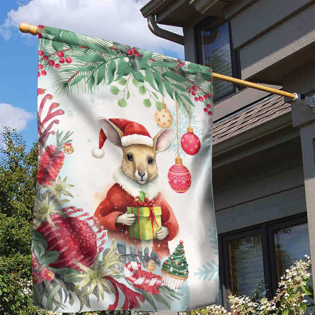 Australia Christmas Garden Flag Kangaroo Santa With Aussie Flower - Watercolor - Vibe Hoodie Shop