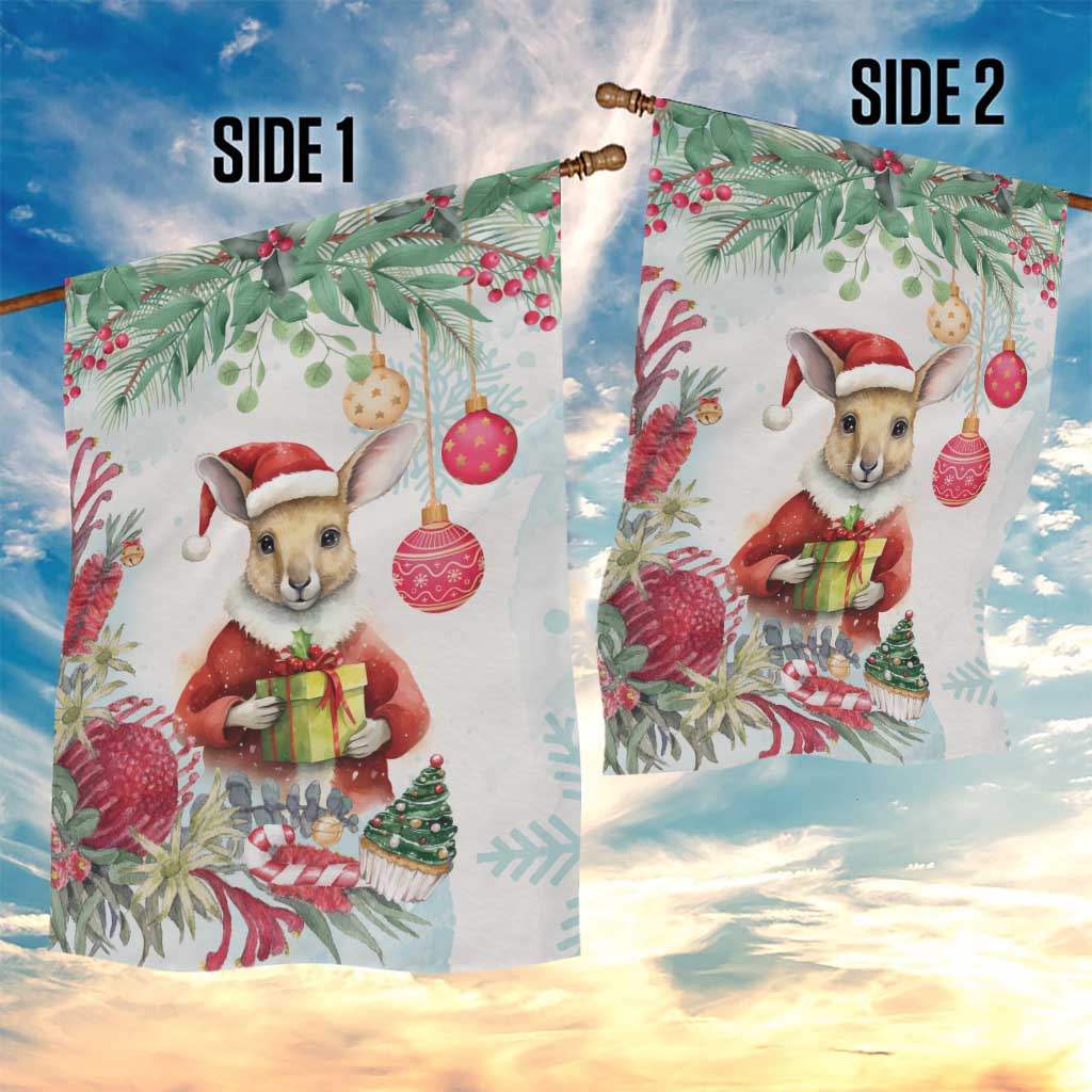Australia Christmas Garden Flag Kangaroo Santa With Aussie Flower - Watercolor - Vibe Hoodie Shop