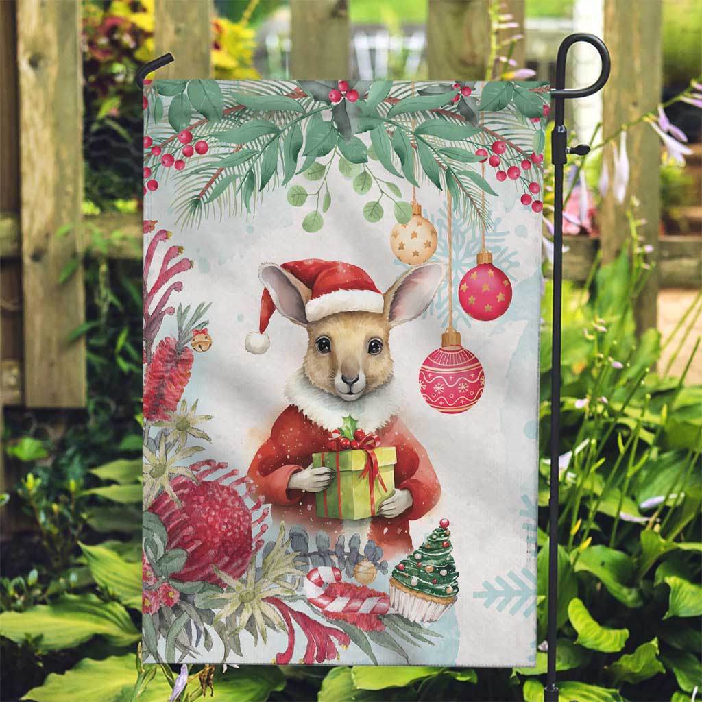 Australia Christmas Garden Flag Kangaroo Santa With Aussie Flower - Watercolor - Vibe Hoodie Shop