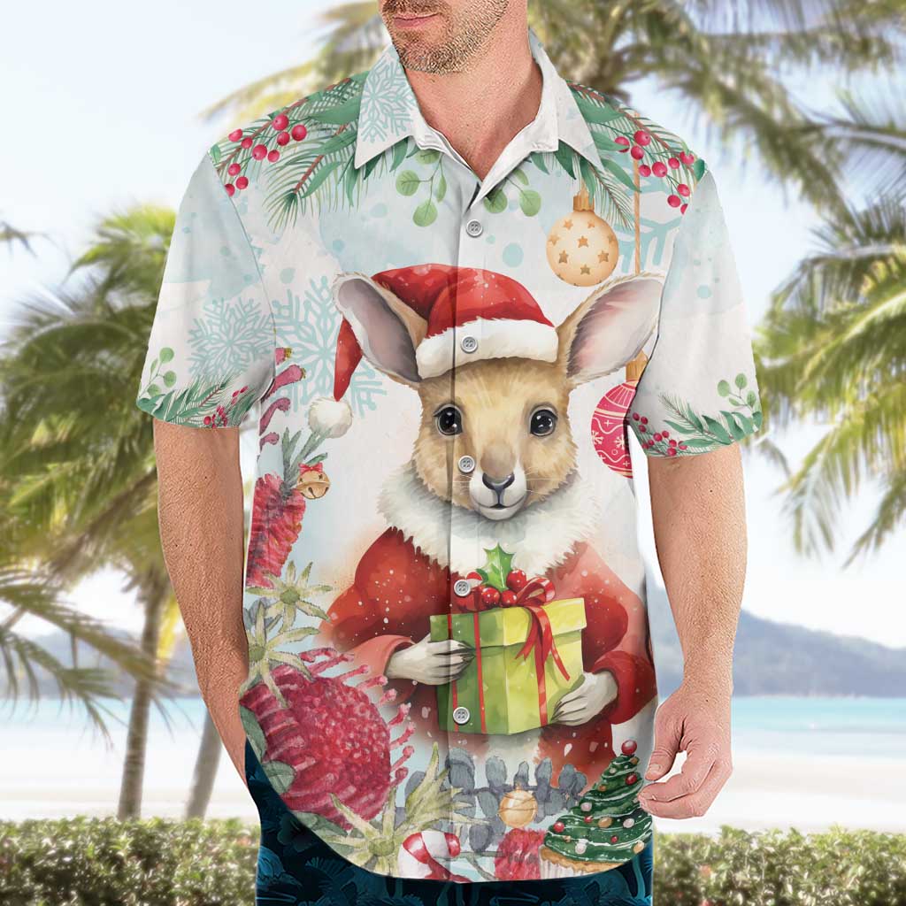 Australia Christmas Hawaiian Shirt Kangaroo Santa With Aussie Flower - Watercolor - Vibe Hoodie Shop