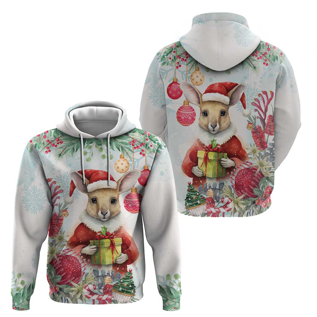 Australia Christmas Hoodie Kangaroo Santa With Aussie Flower - Watercolor - Vibe Hoodie Shop