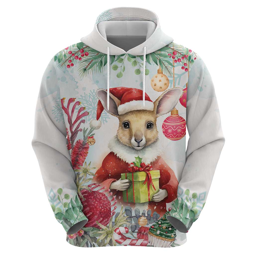Australia Christmas Hoodie Kangaroo Santa With Aussie Flower - Watercolor - Vibe Hoodie Shop