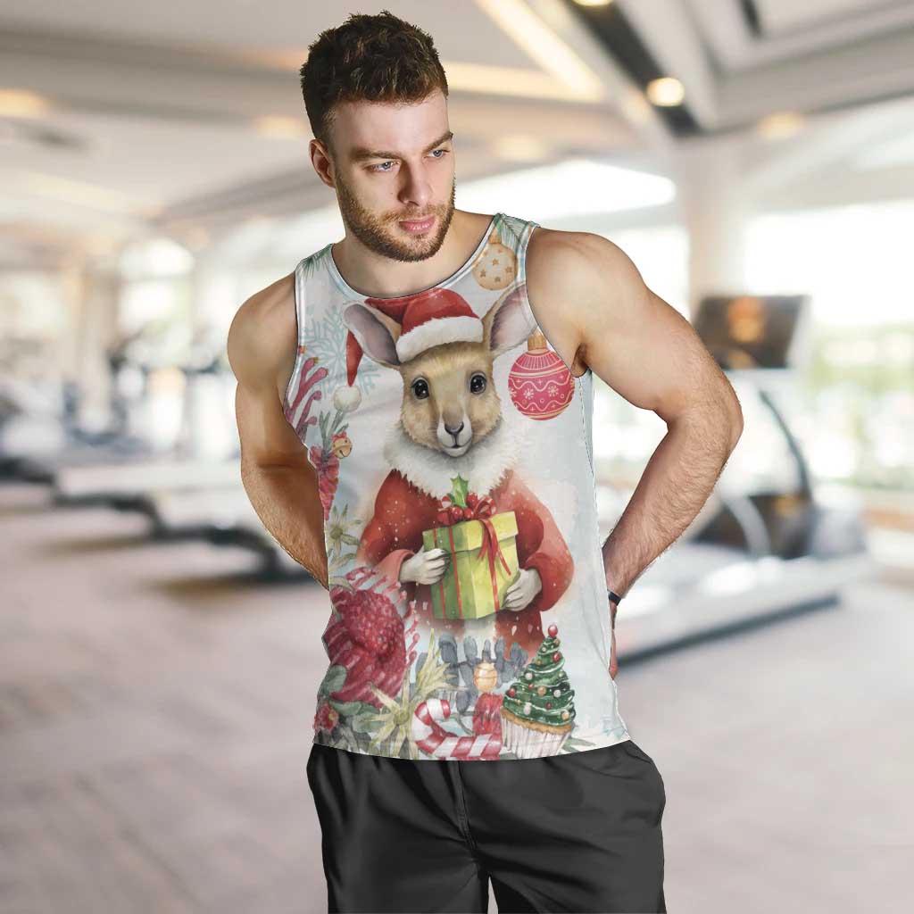 Australia Christmas Men Tank Top Kangaroo Santa With Aussie Flower - Watercolor - Vibe Hoodie Shop