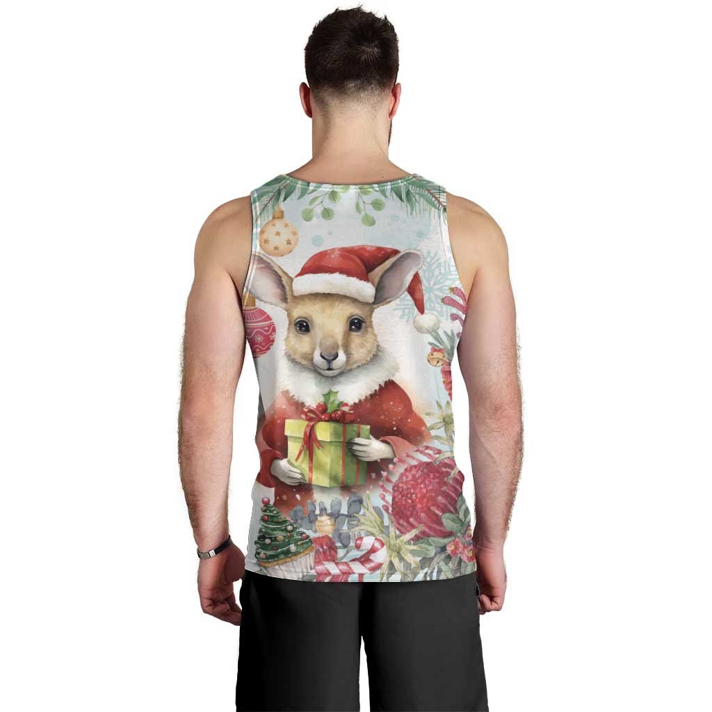 Australia Christmas Men Tank Top Kangaroo Santa With Aussie Flower - Watercolor - Vibe Hoodie Shop