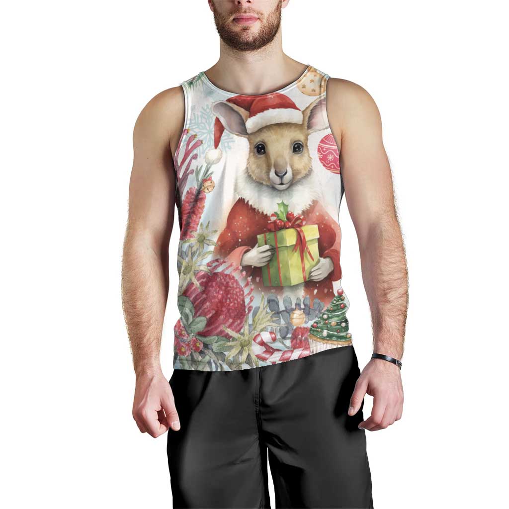 Australia Christmas Men Tank Top Kangaroo Santa With Aussie Flower - Watercolor - Vibe Hoodie Shop