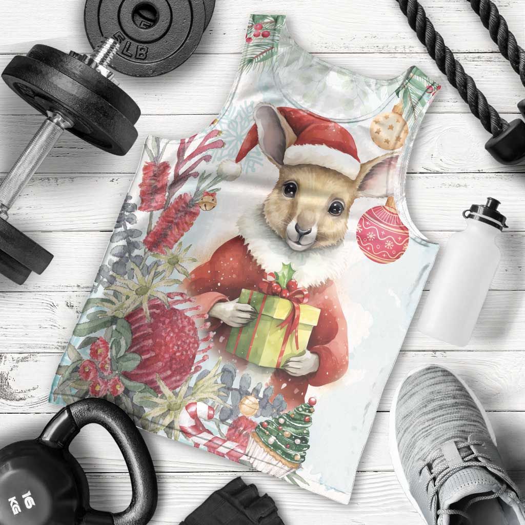 Australia Christmas Men Tank Top Kangaroo Santa With Aussie Flower - Watercolor - Vibe Hoodie Shop