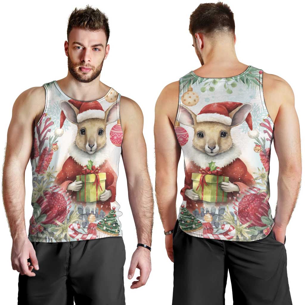 Australia Christmas Men Tank Top Kangaroo Santa With Aussie Flower - Watercolor - Vibe Hoodie Shop