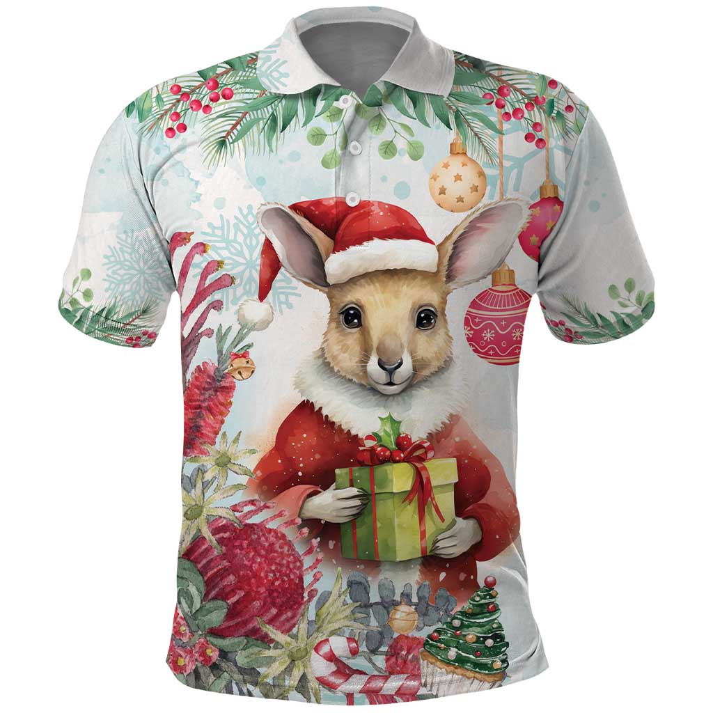 Australia Christmas Polo Shirt Kangaroo Santa With Aussie Flower - Watercolor - Vibe Hoodie Shop