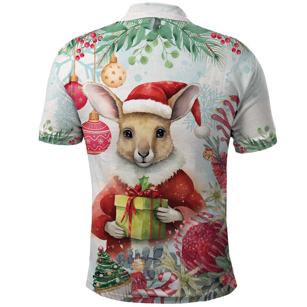 Australia Christmas Polo Shirt Kangaroo Santa With Aussie Flower - Watercolor - Vibe Hoodie Shop