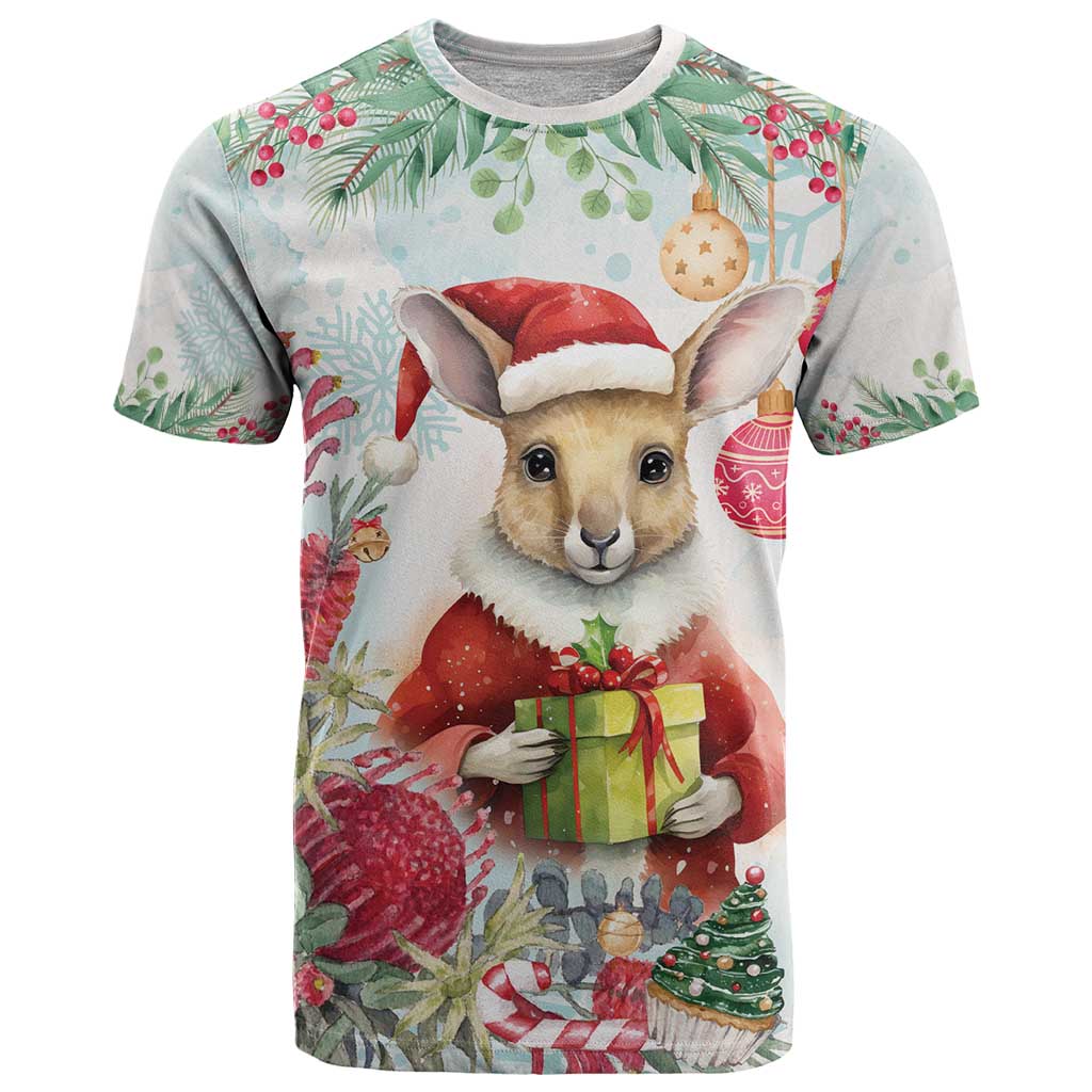 Australia Christmas T Shirt Kangaroo Santa With Aussie Flower - Watercolor - Vibe Hoodie Shop