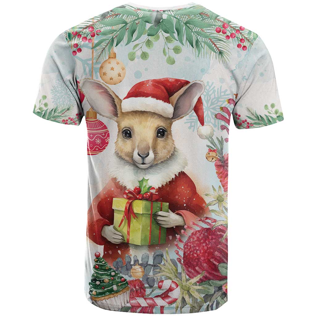 Australia Christmas T Shirt Kangaroo Santa With Aussie Flower - Watercolor - Vibe Hoodie Shop