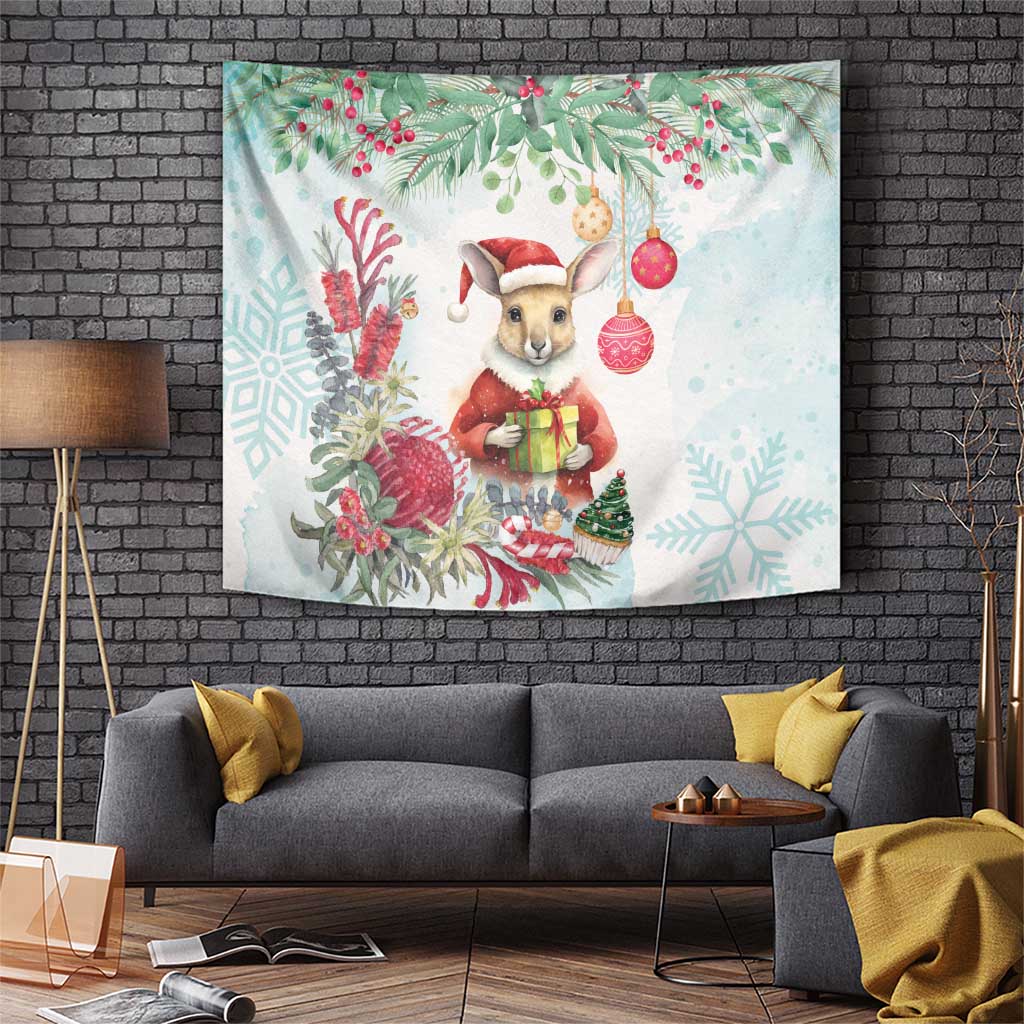 Australia Christmas Tapestry Kangaroo Santa With Aussie Flower - Watercolor - Vibe Hoodie Shop