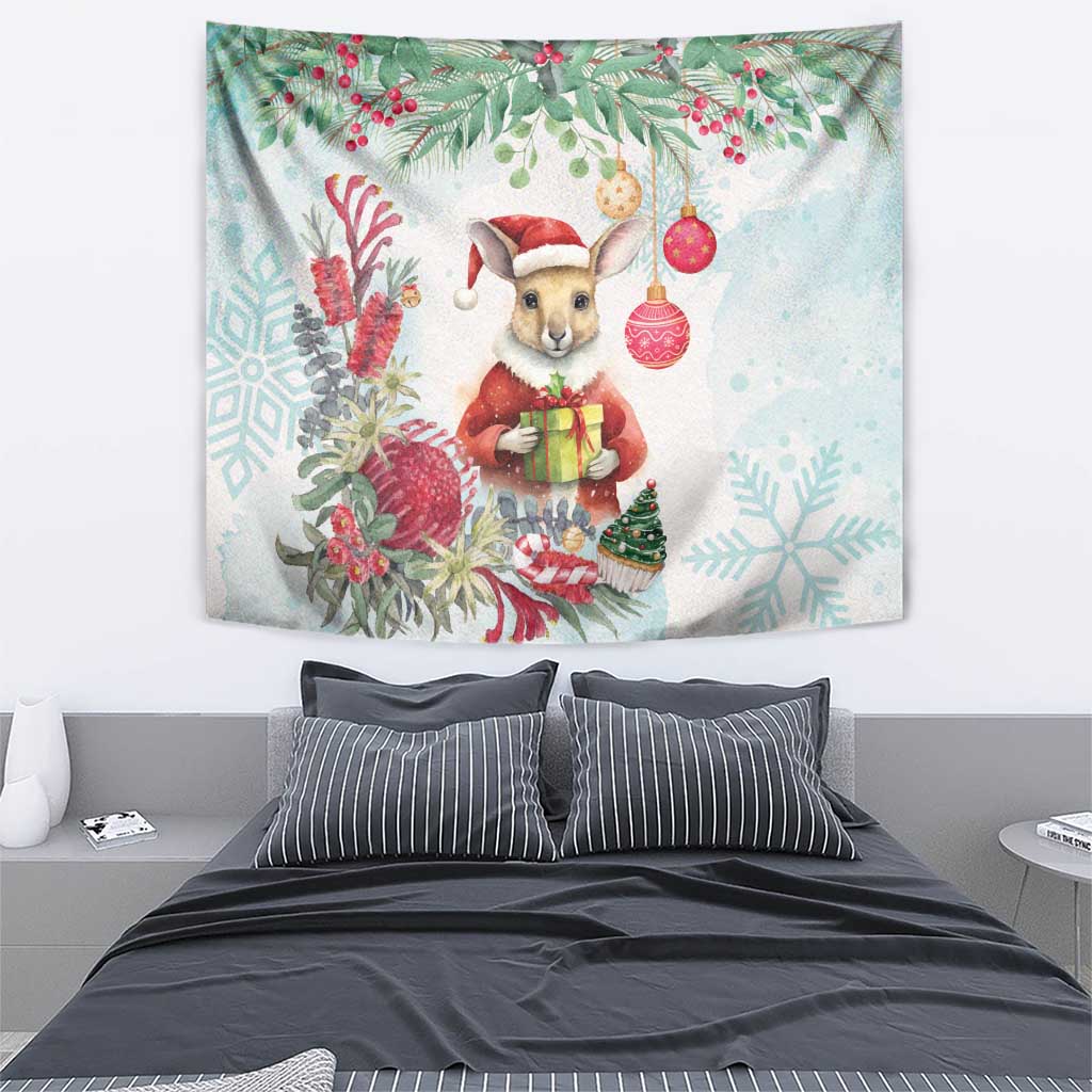 Australia Christmas Tapestry Kangaroo Santa With Aussie Flower - Watercolor - Vibe Hoodie Shop