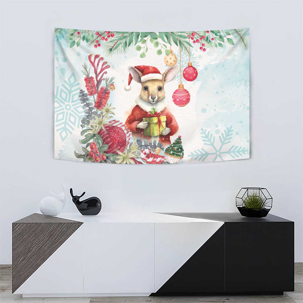 Australia Christmas Tapestry Kangaroo Santa With Aussie Flower - Watercolor - Vibe Hoodie Shop