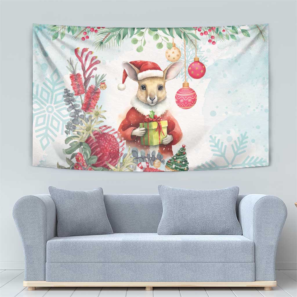 Australia Christmas Tapestry Kangaroo Santa With Aussie Flower - Watercolor - Vibe Hoodie Shop