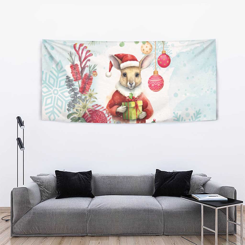 Australia Christmas Tapestry Kangaroo Santa With Aussie Flower - Watercolor - Vibe Hoodie Shop