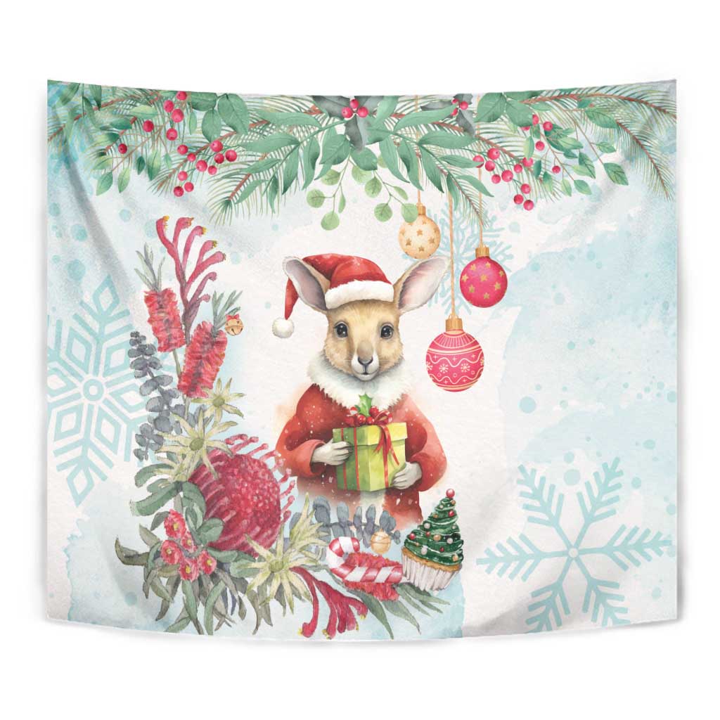 Australia Christmas Tapestry Kangaroo Santa With Aussie Flower - Watercolor - Vibe Hoodie Shop