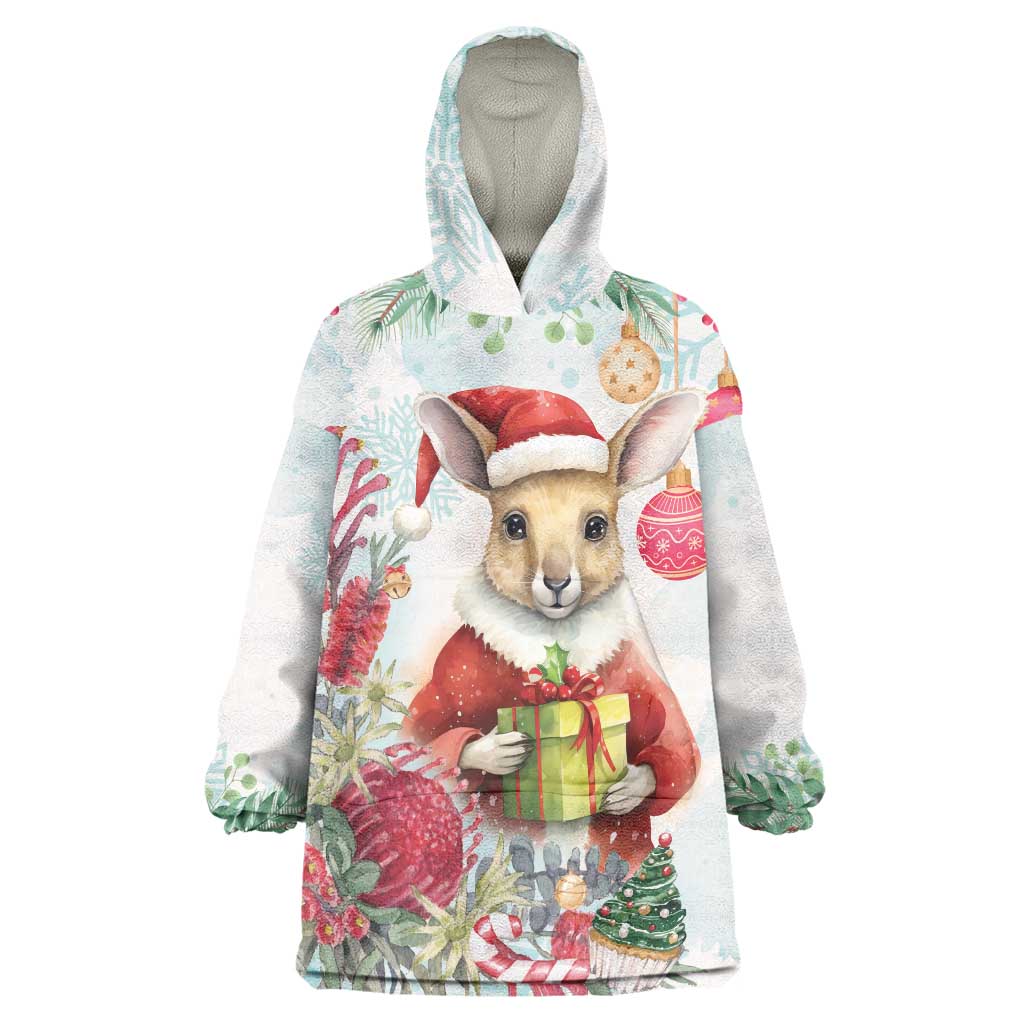 Australia Christmas Wearable Blanket Hoodie Kangaroo Santa With Aussie Flower - Watercolor - Vibe Hoodie Shop