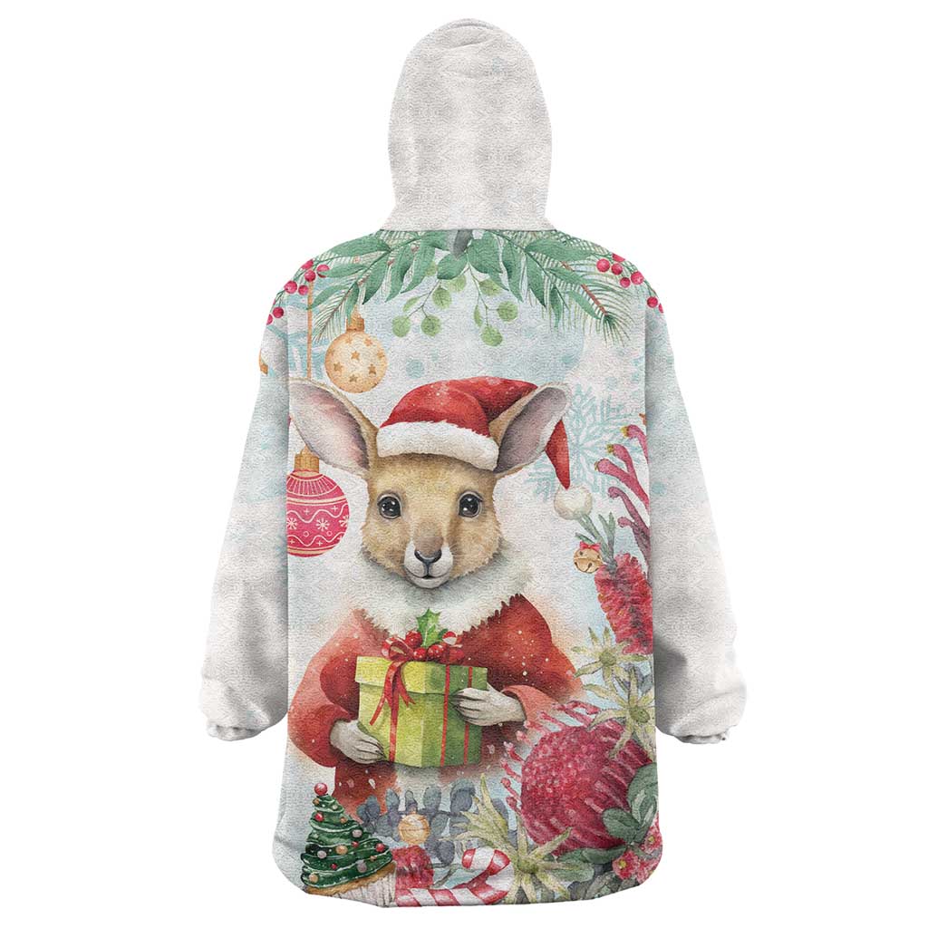 Australia Christmas Wearable Blanket Hoodie Kangaroo Santa With Aussie Flower - Watercolor - Vibe Hoodie Shop