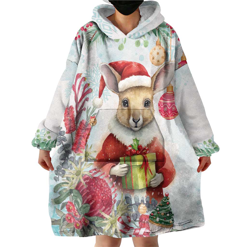 Australia Christmas Wearable Blanket Hoodie Kangaroo Santa With Aussie Flower - Watercolor - Vibe Hoodie Shop