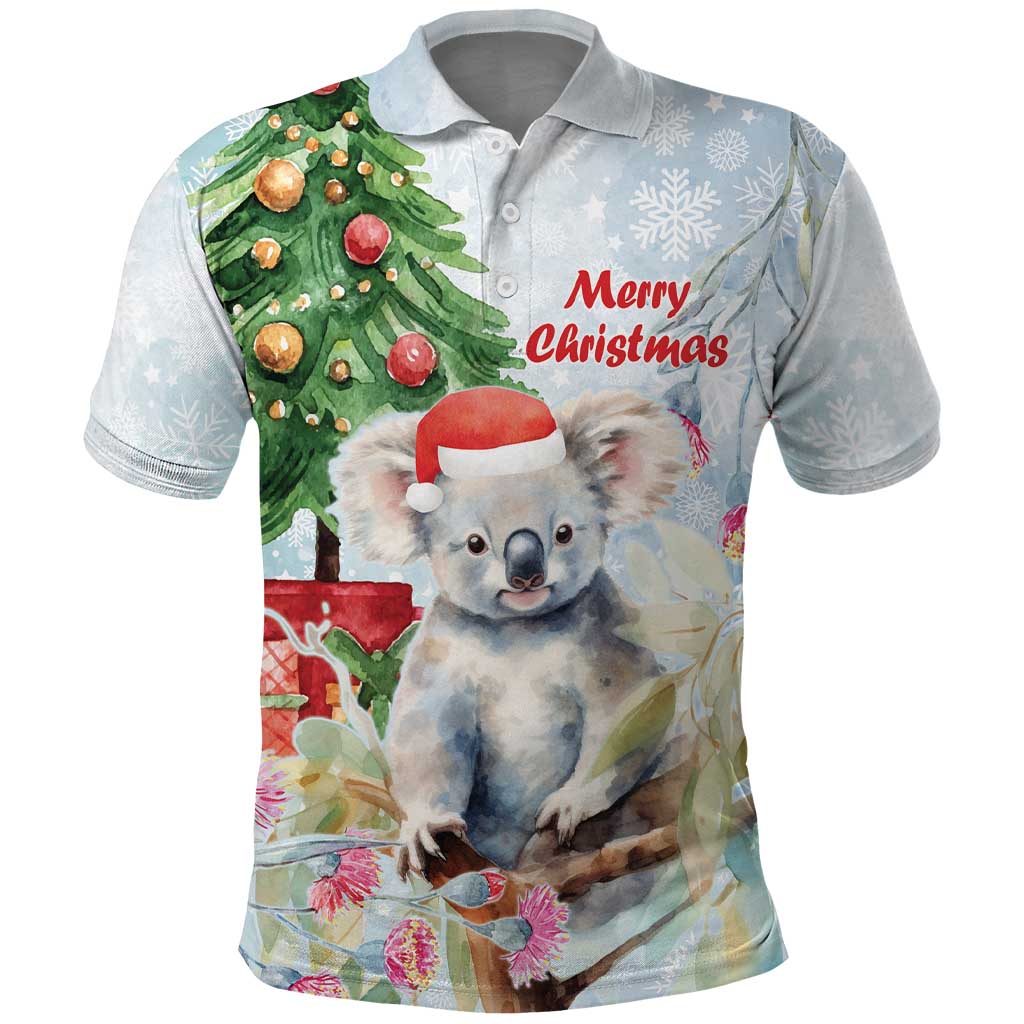 Australia Christmas Polo Shirt Koala Santa With Eucalyptus - Watercolor - Vibe Hoodie Shop