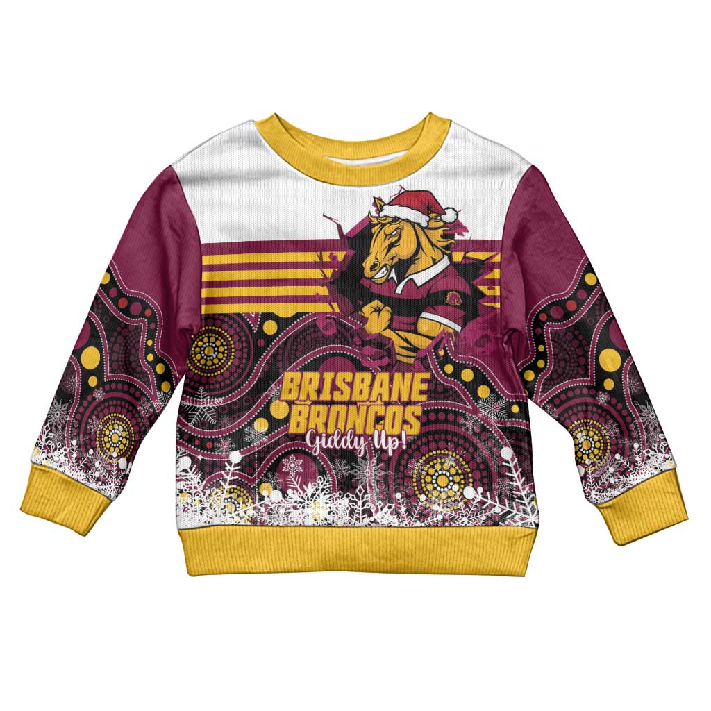 Custom Broncos Rugby Christmas Kid Ugly Christmas Sweater Brisbane Giddy Up Aboriginal Art - Vibe Hoodie