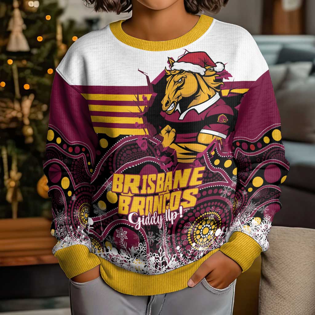 Custom Broncos Rugby Christmas Kid Ugly Christmas Sweater Brisbane Giddy Up Aboriginal Art - Vibe Hoodie