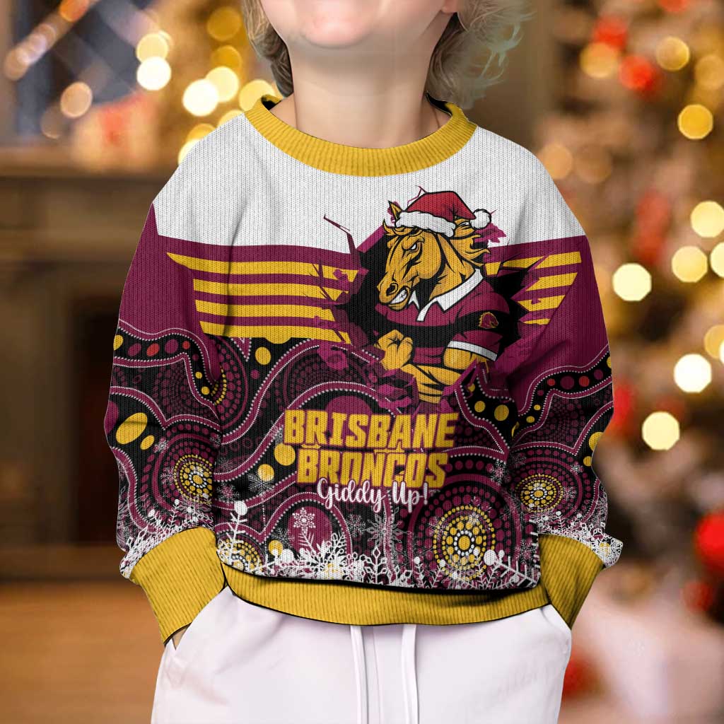 Custom Broncos Rugby Christmas Kid Ugly Christmas Sweater Brisbane Giddy Up Aboriginal Art - Vibe Hoodie