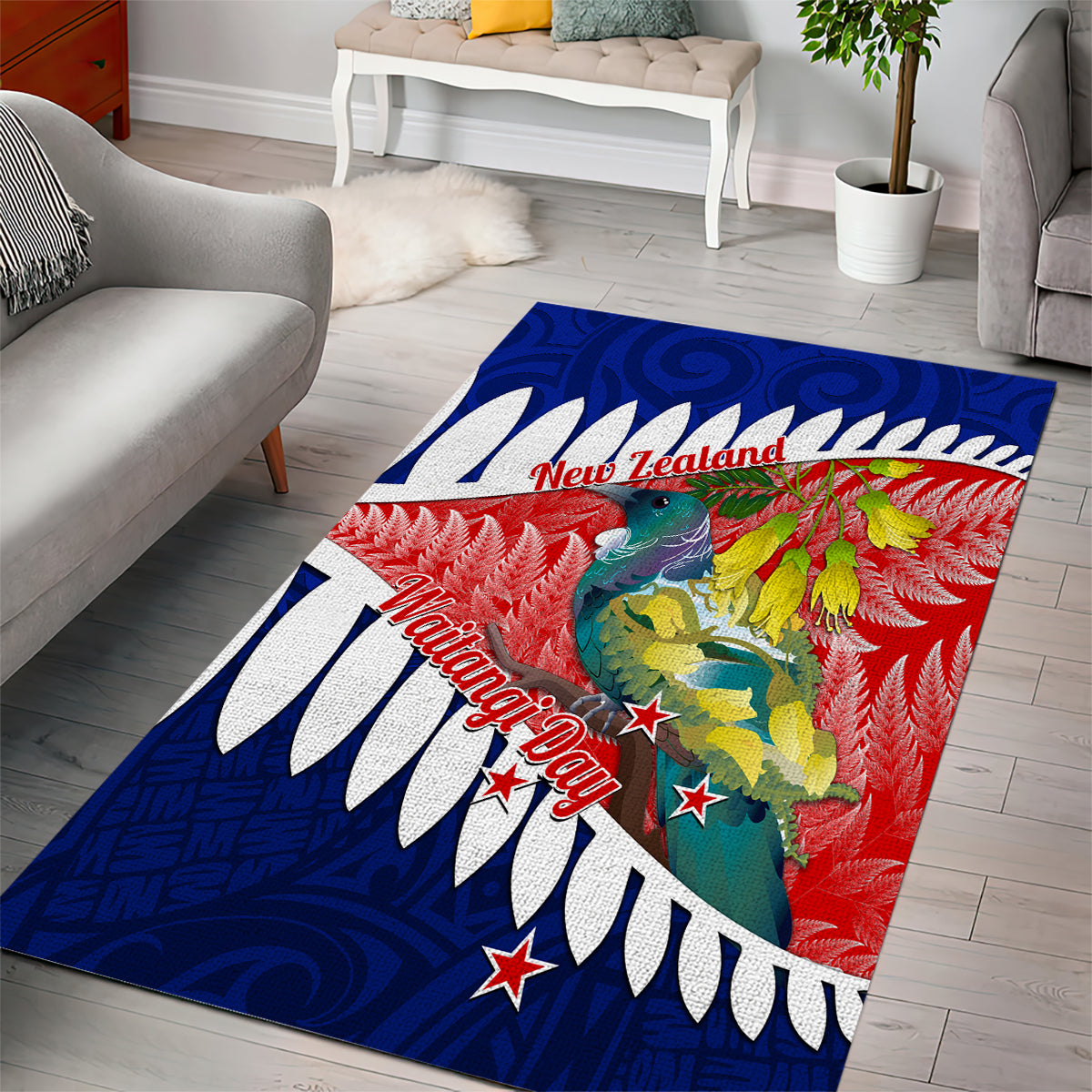 New Zealand Waitangi Day Area Rug NZ Maori Tui Bird With Kowhai Flowers - Vibe Hoodie Shop