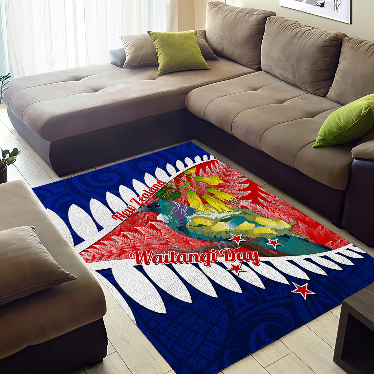 New Zealand Waitangi Day Area Rug NZ Maori Tui Bird With Kowhai Flowers - Vibe Hoodie Shop