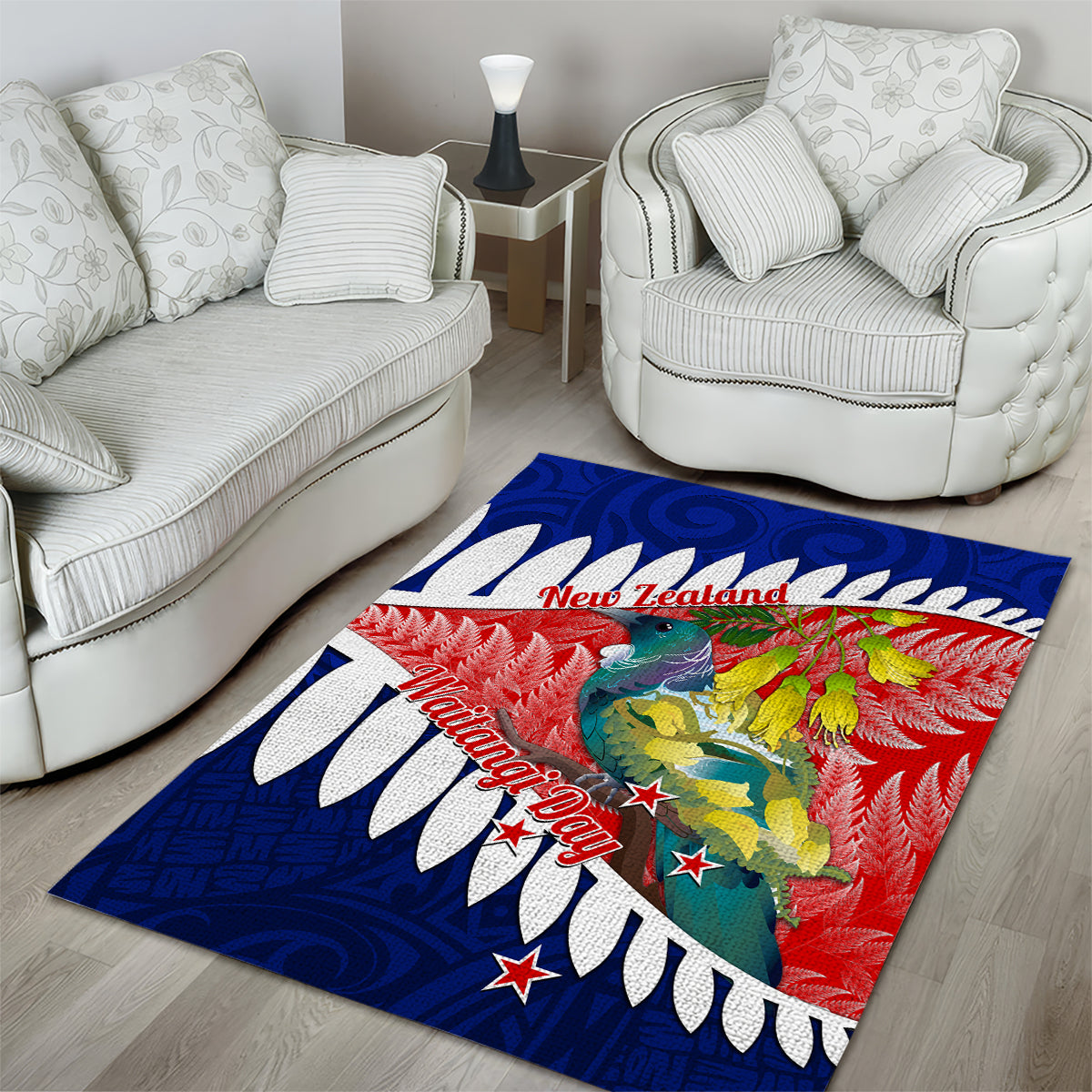 New Zealand Waitangi Day Area Rug NZ Maori Tui Bird With Kowhai Flowers - Vibe Hoodie Shop