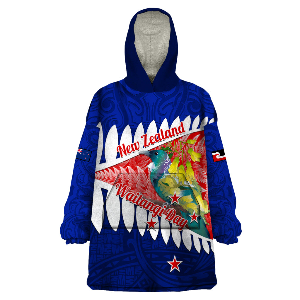 New Zealand Waitangi Day Wearable Blanket Hoodie NZ Maori Tui Bird With Kowhai Flowers - Vibe Hoodie Shop