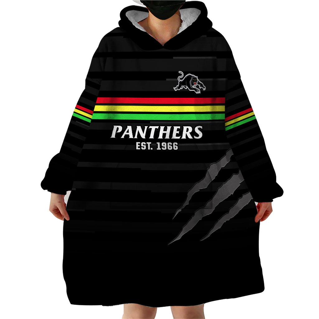 (Custom Text And Number) Penrith Panthers Rugby 2023 Wearable Blanket Hoodie The Riff Est 1966 Black Sporty - Vibe Hoodie Shop