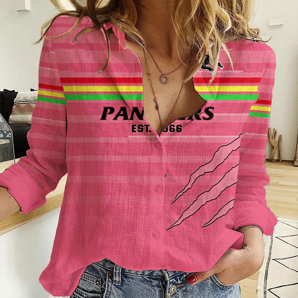 (Custom Text And Number) Penrith Panthers Rugby 2023 Women Casual Shirt The Riff Est 1966 Pink Sporty - Vibe Hoodie Shop