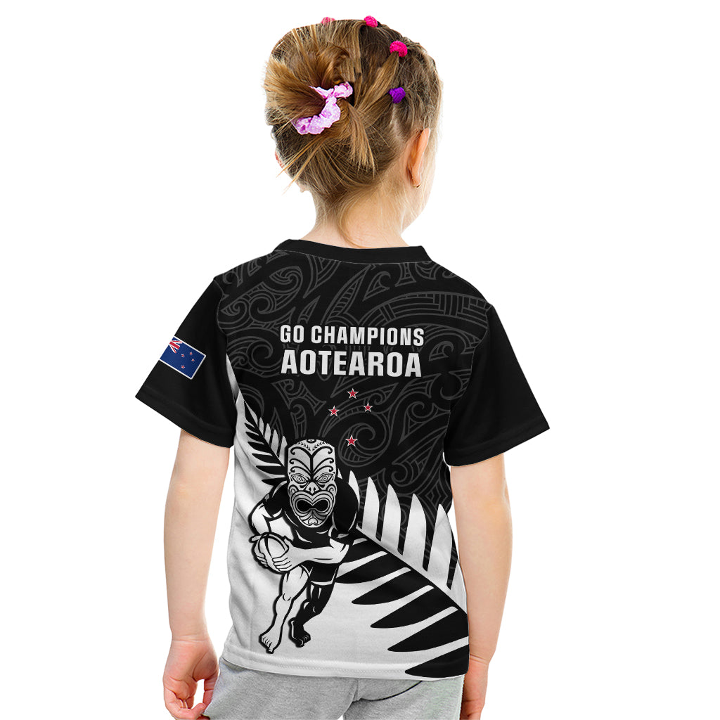 New Zealand Silver Fern Rugby Kid T Shirt All Black 2023 Go Champions Maori Pattern - Vibe Hoodie Shop