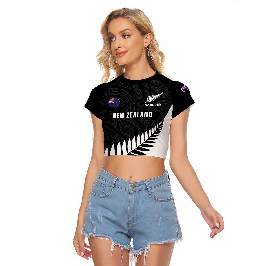 New Zealand Silver Fern Rugby Raglan Cropped T Shirt All Black Go Champions Maori Pattern LT14