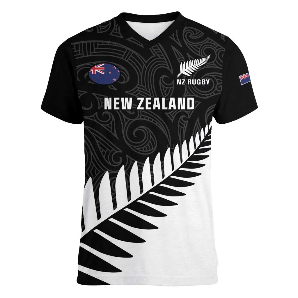 New Zealand Silver Fern Rugby Women V Neck T Shirt All Black Go Champions Maori Pattern LT14