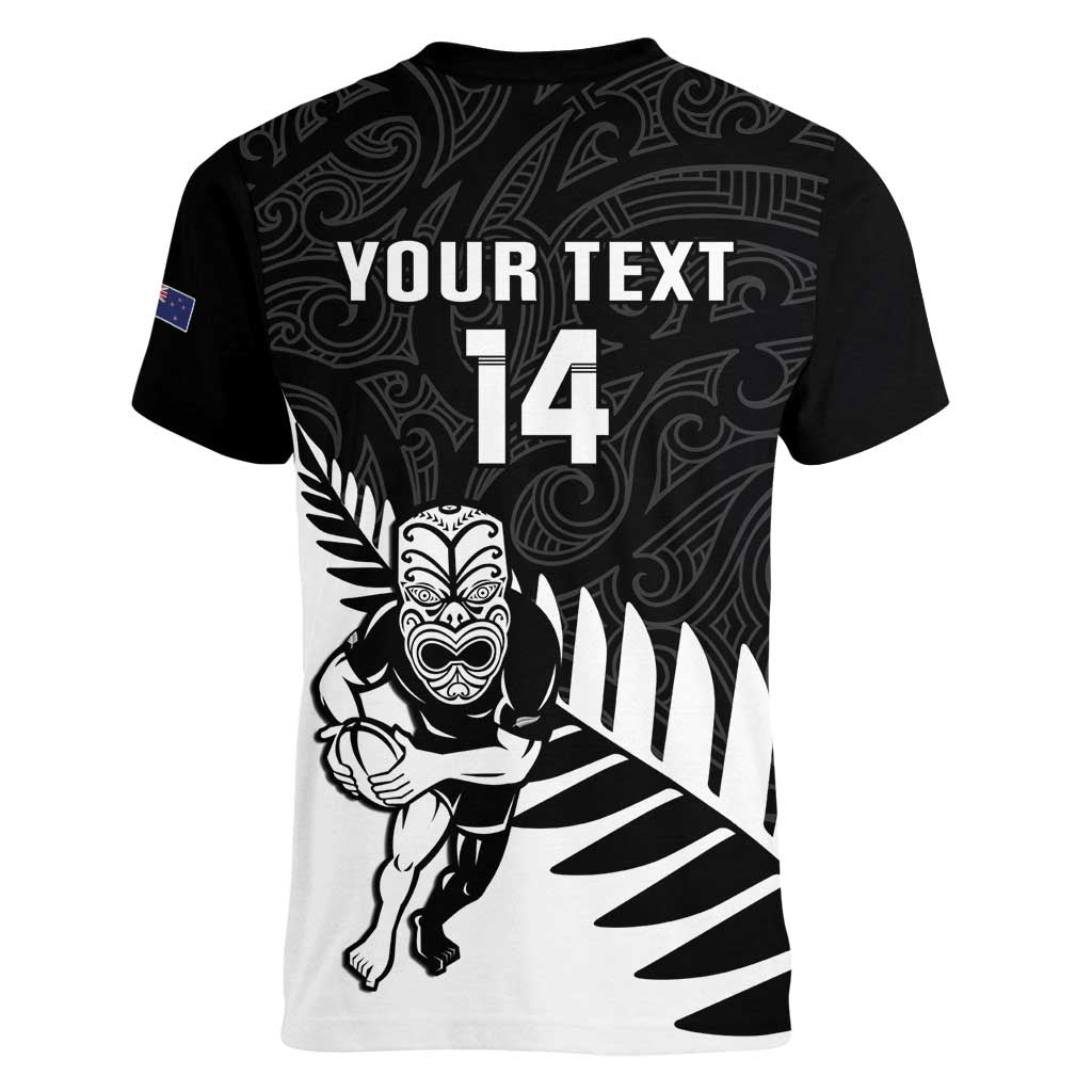 Personalised New Zealand Silver Fern Rugby Women V Neck T Shirt All Black Go Champions Maori Pattern LT14