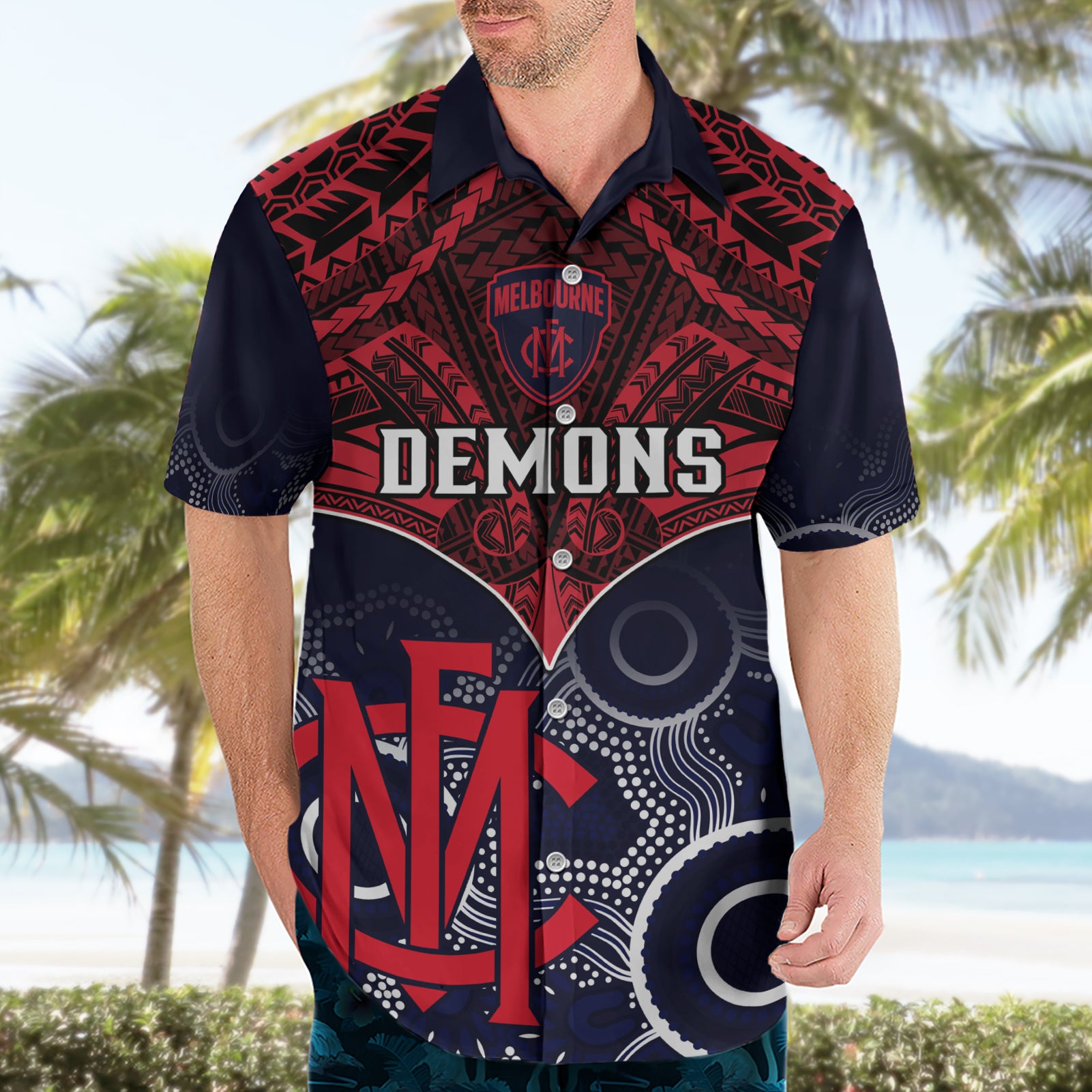 Melbourne Football Hawaiian Shirt Go Demons Aboriginal Mix Polynesian Pattern - Vibe Hoodie Shop