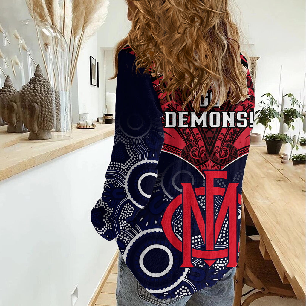 Melbourne Football Women Casual Shirt Go Demons Aboriginal Mix Polynesian Pattern - Vibe Hoodie Shop