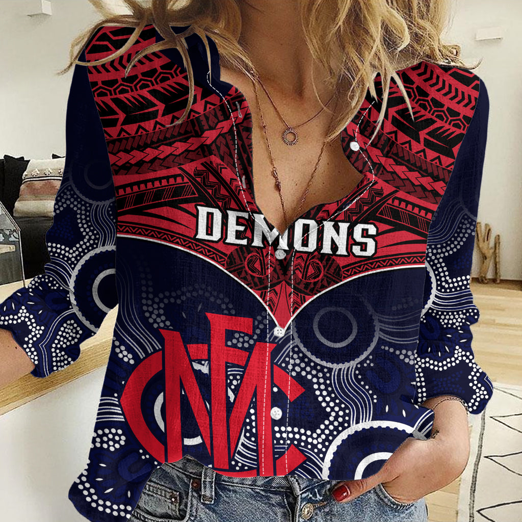 Personalised Melbourne Football Women Casual Shirt Go Demons Aboriginal Mix Polynesian Pattern - Vibe Hoodie Shop