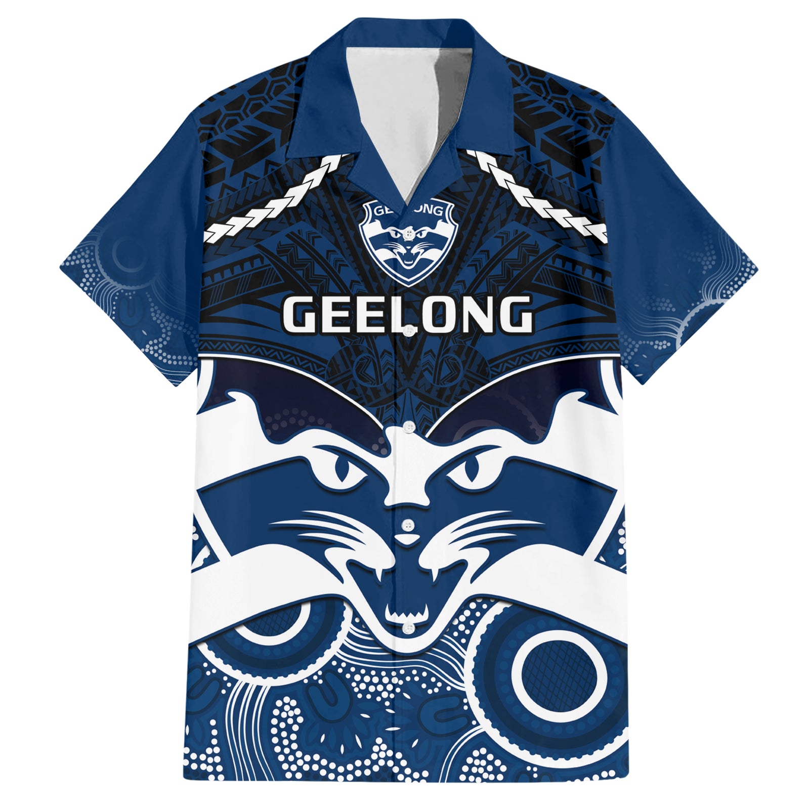 Geelong Football Hawaiian Shirt Go Cats Aboriginal Mix Polynesian Pattern - Vibe Hoodie Shop