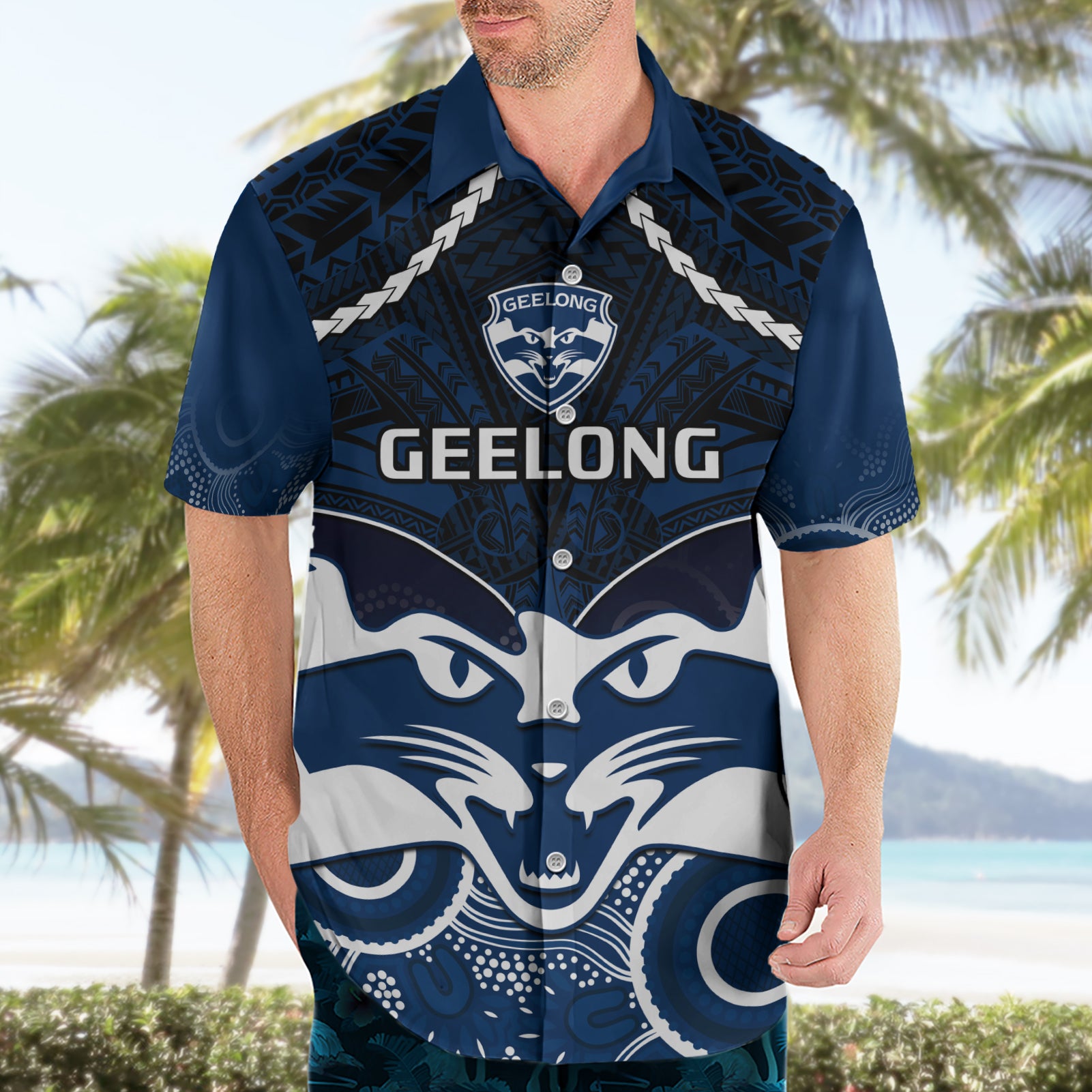 Geelong Football Hawaiian Shirt Go Cats Aboriginal Mix Polynesian Pattern - Vibe Hoodie Shop