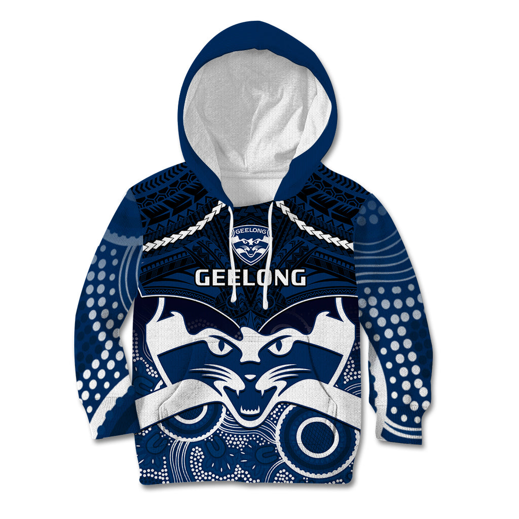 Geelong Football Kid Hoodie Go Cats Aboriginal Mix Polynesian Pattern - Vibe Hoodie Shop