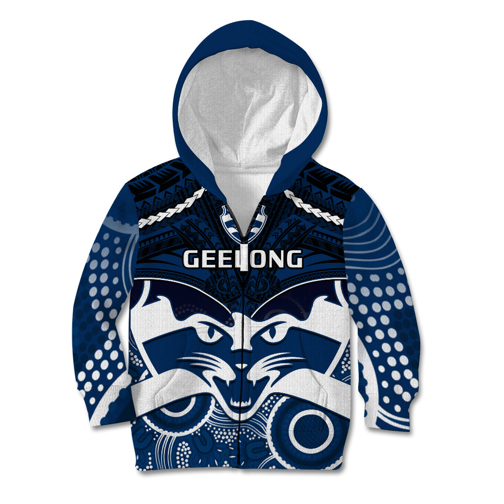 Geelong Football Kid Hoodie Go Cats Aboriginal Mix Polynesian Pattern - Vibe Hoodie Shop