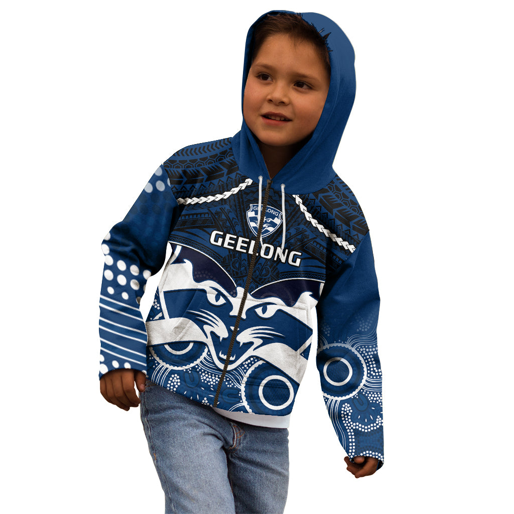 Geelong Football Kid Hoodie Go Cats Aboriginal Mix Polynesian Pattern - Vibe Hoodie Shop