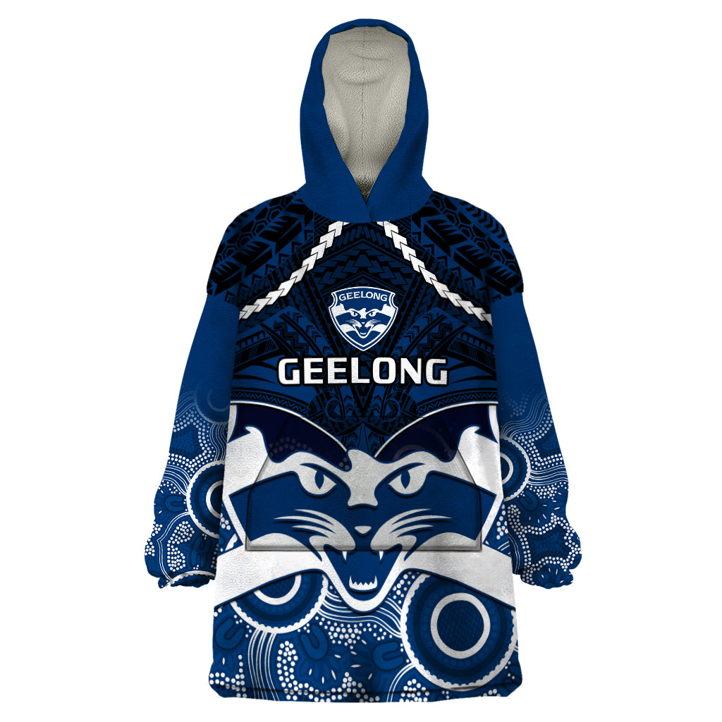 Geelong Football Wearable Blanket Hoodie Go Cats Aboriginal Mix Polynesian Pattern - Vibe Hoodie Shop