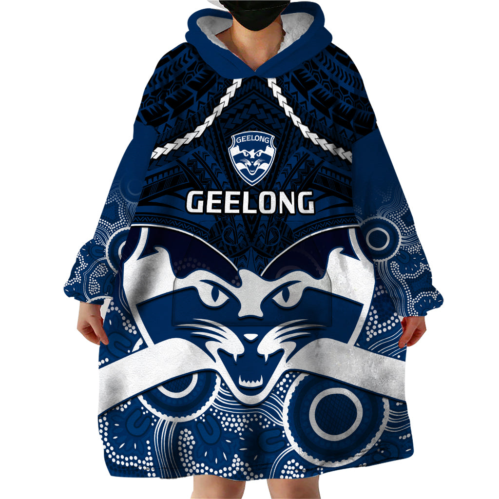 Geelong Football Wearable Blanket Hoodie Go Cats Aboriginal Mix Polynesian Pattern - Vibe Hoodie Shop