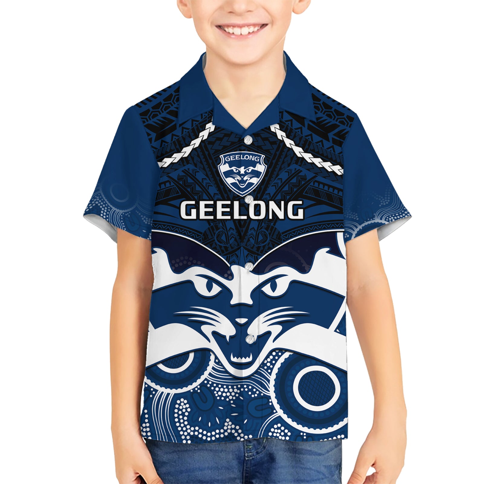 Personalised Geelong Football Hawaiian Shirt Go Cats Aboriginal Mix Polynesian Pattern - Vibe Hoodie Shop