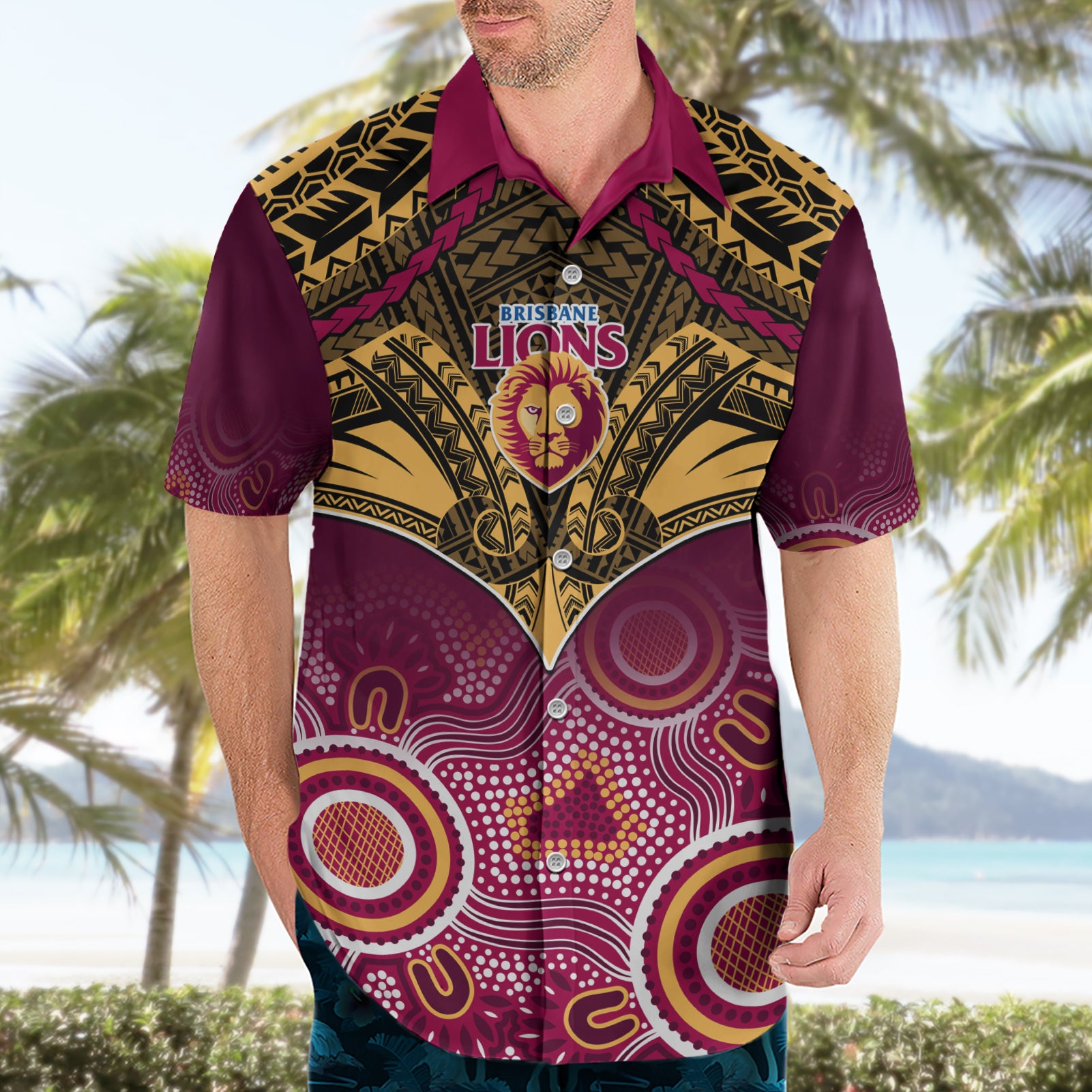 Brisbane Football Hawaiian Shirt Go Lions Aboriginal Mix Polynesian Pattern - Vibe Hoodie Shop